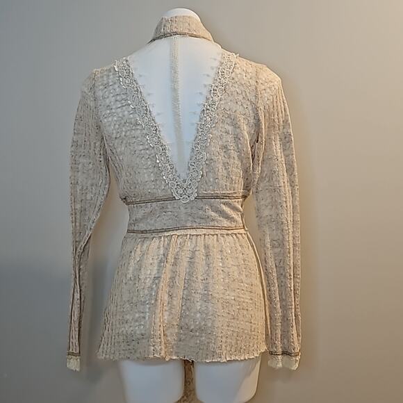 Nick & Mo Lace Open Front Boho Cream Beige Knitted Cardigan - Picture 4 of 8